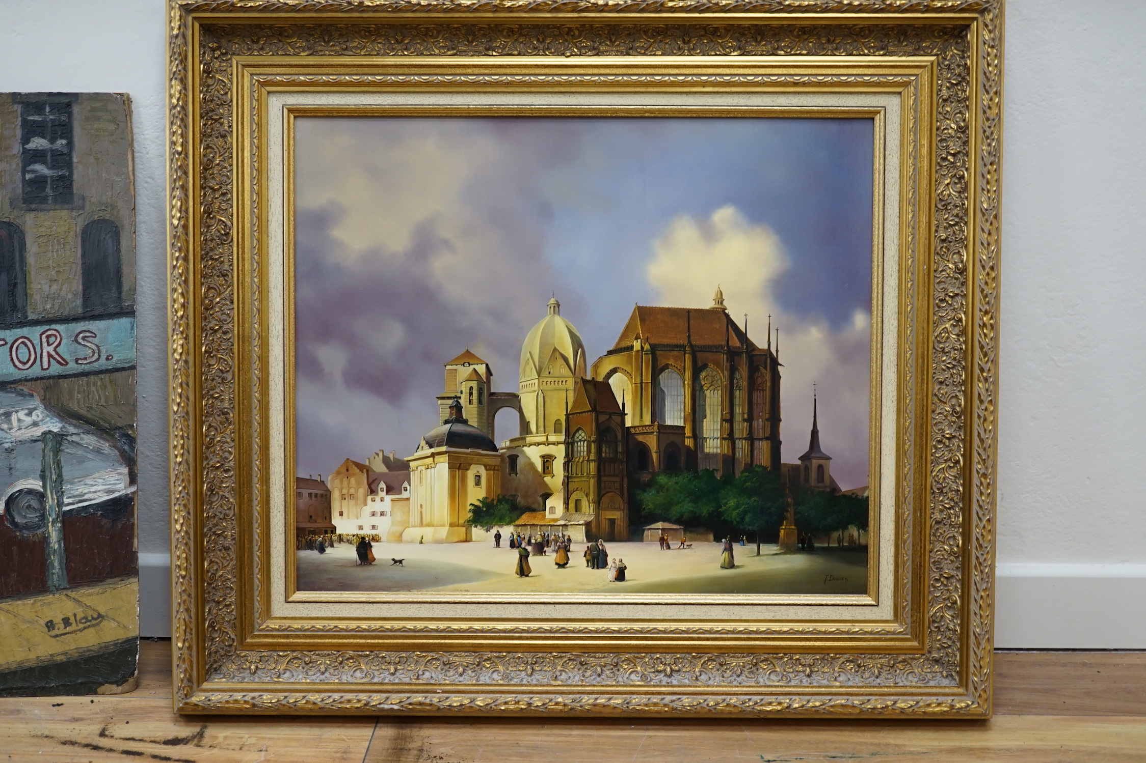 Jacques Douven (1908-2002) oil on board, Figures before a cathedral, signed, 48 x 58cm, ornate gilt framed